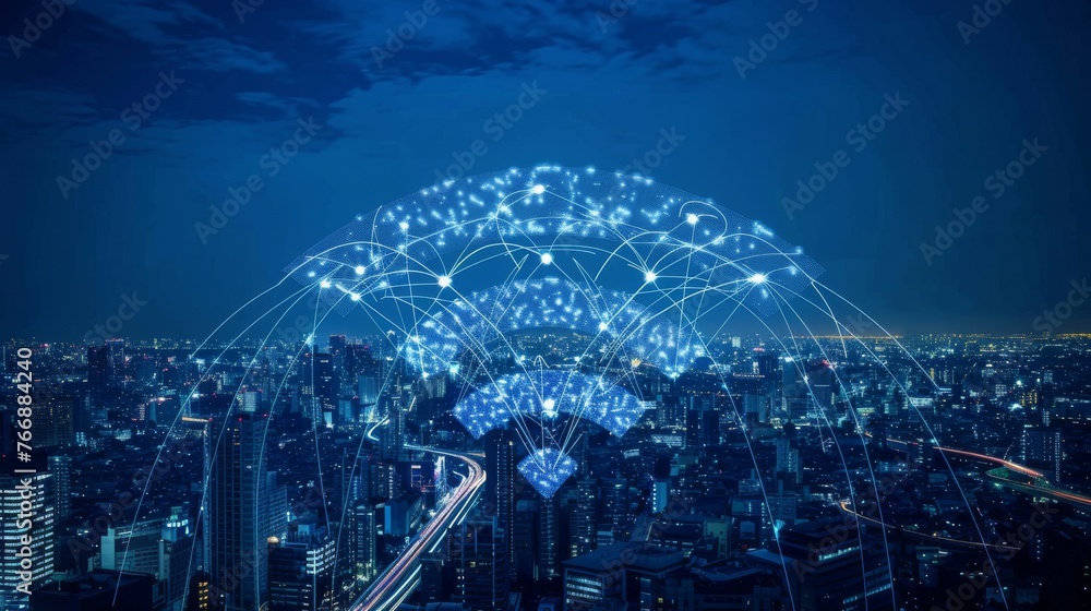 Aufkleber world's largest telecommunication network. wireless communication on a modern cityscape background..