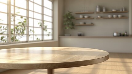 Fototapeta premium A wooden table placed in front of a window, creating a simple and practical setup for a workspace or dining area