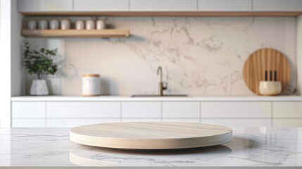 A wooden plate rests on a white counter top in a modern kitchen setting