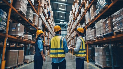 A team of warehouse workers in safety vests engage in a group discussion in a large modern logistics center. AIG41