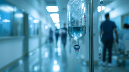 An IV bag is attached to a pole in a hospital corridor with medical staff in the background.