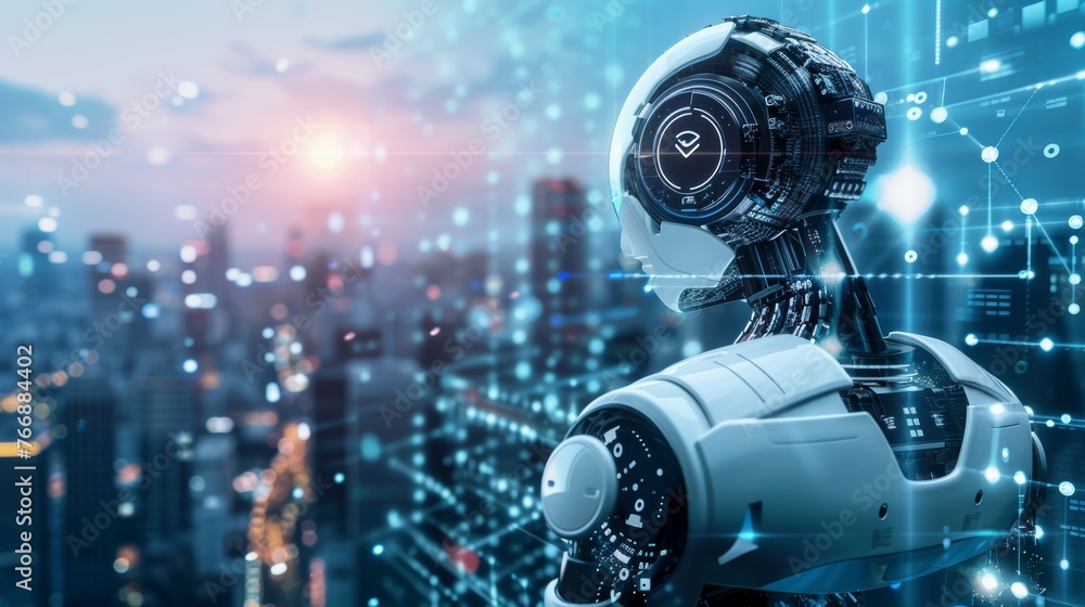 Poster an abstract modern city background with robots performing automated processes.