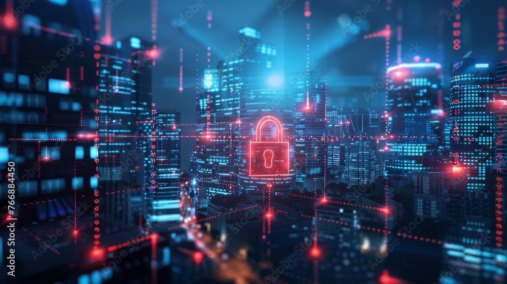 Poster a concept of cyber security data protection on a city background...