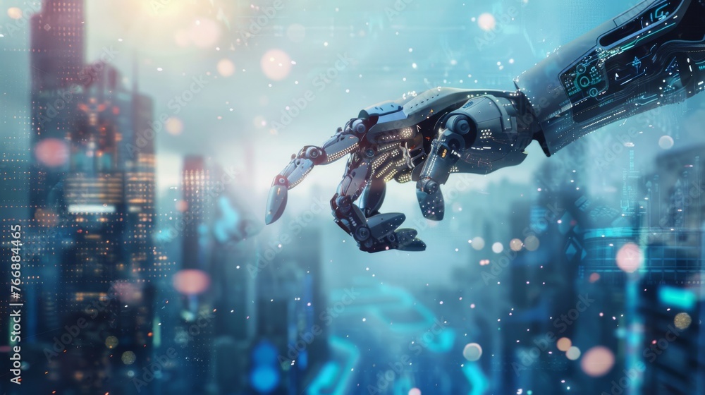 Poster RPA. Robotic Process Automation on an abstract background of a modern city...