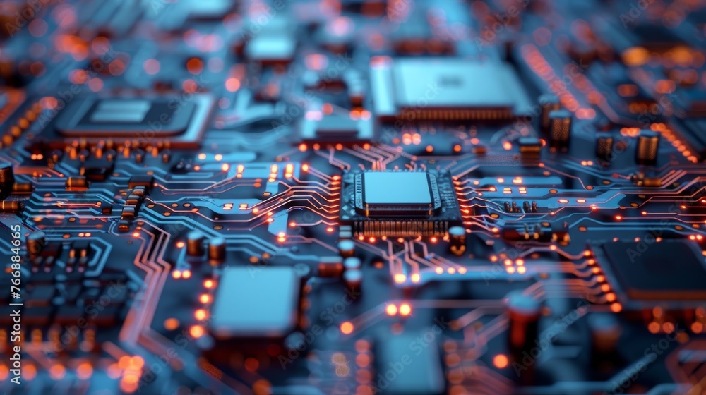 Poster detailed view of a computer circuit board showing various electronic components and connections