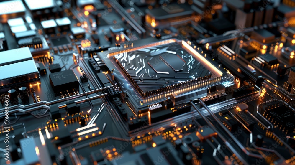 Poster a close-up view of a computer processor situated in the bustling heart of a city, surrounded by skys
