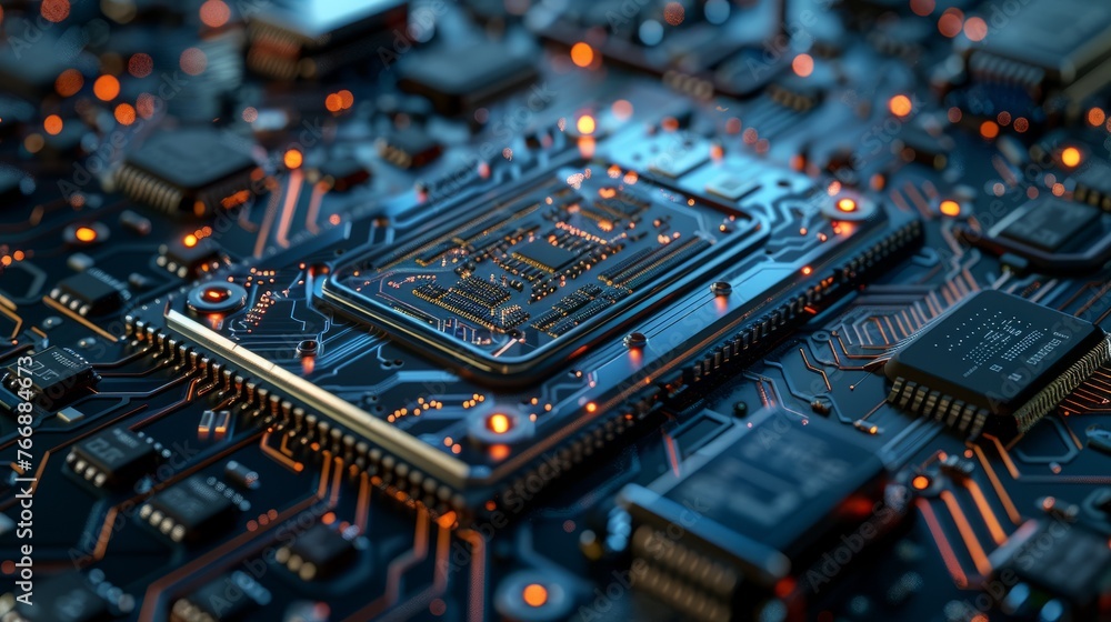 Poster detailed shot of a computer motherboard showing various components and circuits