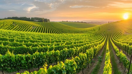 The sun is setting over a vast vineyard, casting a warm glow on the rows of grapevines and creating...
