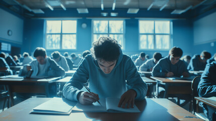 A girl concentrates on writing during an exam in a classroom filled with students seated at desks.