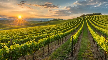The sun is setting behind rows of grapevines in a vineyard, casting a warm orange glow over the...
