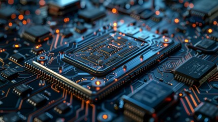 Detailed shot of a computer motherboard showing various components and circuits