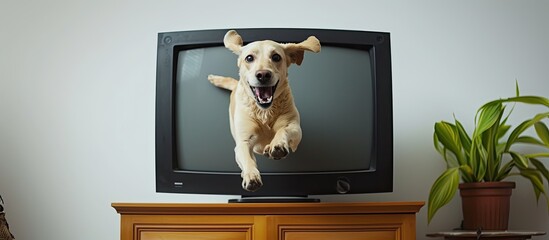 A lively dog leaps out of a television screen, blurring the line between digital and physical worlds. 🐾📺 An ode to the magic of technology bridging realms! ✨ #DigitalWilderness