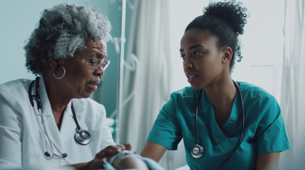 A nurse in scrubs listens intently to an older patient during a medical consultation.