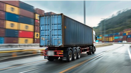 Naklejka premium A large semi truck is seen driving down a highway, surrounded by cargo containers, transporting goods to their destination