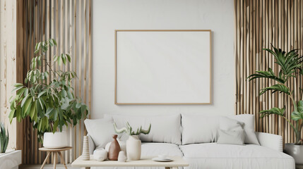 Living room interior with blank poster frame mockup