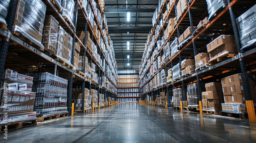 Poster a massive warehouse packed with numerous boxes stacked high, creating a maze of storage in an indust