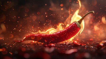 Red chili pepper with flames licking around its edges - obrazy, fototapety, plakaty