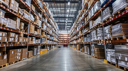 A large warehouse packed with numerous boxes stacked on shelves, creating a dense and organized storage area