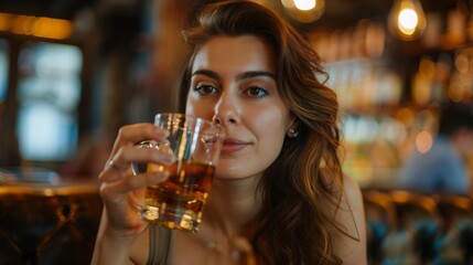 A woman holding a glass of beer in her hand, with a neutral expression on her face