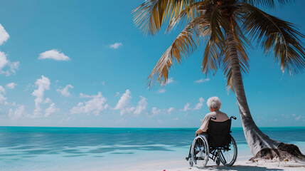 Senior woman in wheelchair enjoying a tranquil moment on a tropical beach