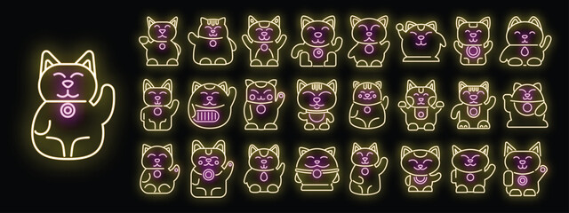 Lucky cat icons set outline vector. Asian animal. Good luck neon color on black - 766885247