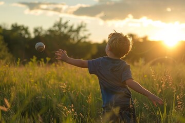 Child  throw a ball in a field.