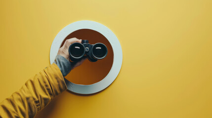 A hand extends through a circular white frame holding black binoculars against a bright yellow background.