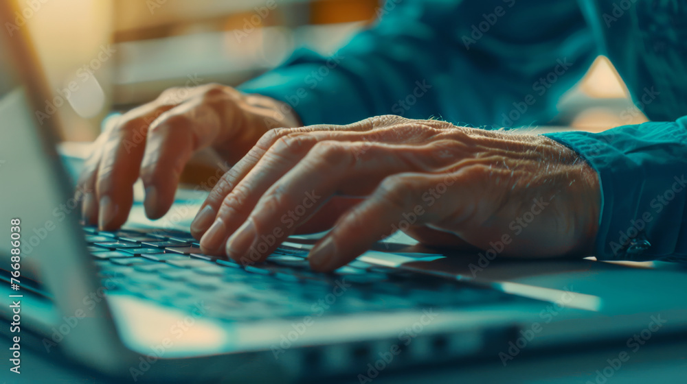 Poster close-up of hands typing on a backlit laptop keyboard in a dimly lit setting.