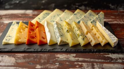 Assortment of Cheese Wedges on Slate Board - obrazy, fototapety, plakaty
