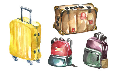 Set two backpacks for outdoor activities and city cycling and two suitcases. Backpack with large green zip pocket and purple, yellow modern suitcase and brown retro. Hand drawn watercolor illustration