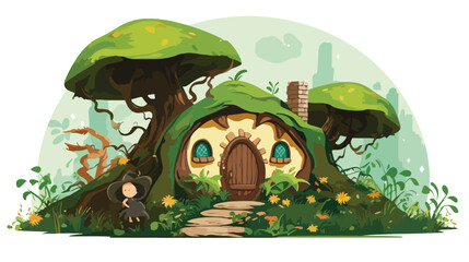 Fairies at hobbit house on white background flat vector