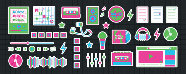 Big set of music stickers in the trendy y2k style. Old computer aesthetics from the 90s, 00s. Retro PC elements, user interface
