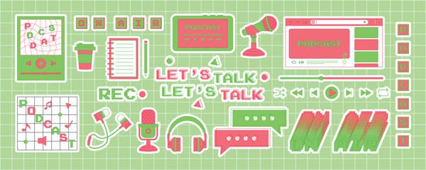 Big set of podcast stickers in the trendy y2k style. Old computer aesthetics from the 90s, 00s. Retro PC elements, user interface