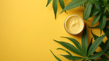 Hemp cosmetics on the leaves of marijuana - obrazy, fototapety, plakaty