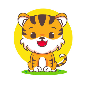 Cute little tiger sitting cartoon character. Adorable animal concept design. Vector art illustration