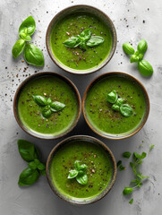 Four bowls of green soup with fresh basil leaves on light gray background