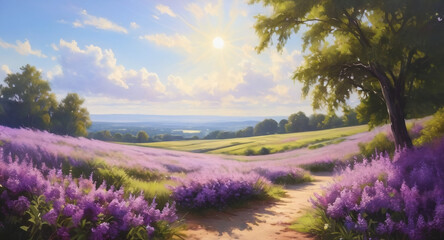 Naklejka premium Sunrise Over Lavender Fields