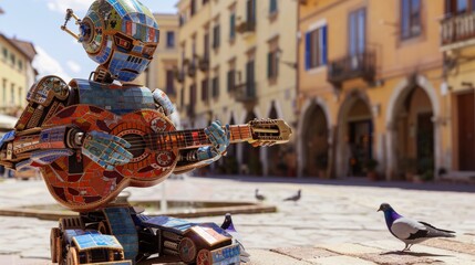 An artistic mosaic-tiled robot plays the guitar in an old European square, engaging with the local wildlife. - obrazy, fototapety, plakaty