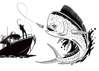 Fisherman Catching Dorado Fish Illustration Vintage Style