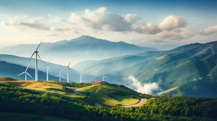 Wind turbines generate clean energy against a blue sky, demonstrating sustainable energy sources