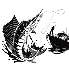 Fisherman Catching Big Atlantic Sailfish Illustration Black and White