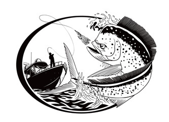 Fisherman Catching Mahi-Mahi Fish Illustration Black and White