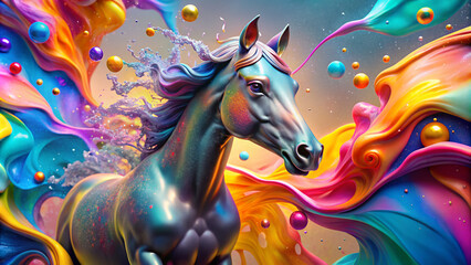 3d render abstract pastel colors background with black horse. Bright abstract background. Flow of multi-colored paint with bubbles and lumps. Multi colored liquid.