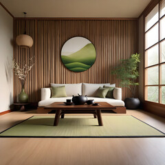 Minimalist Asian Living Room. 
Generative AI.