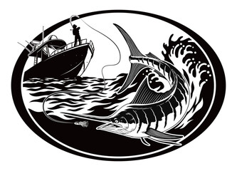   Fisherman Catching the Marlin Fish in Hand Drawn Illustration