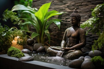 Luxurious spa decor featuring meditation stones, buddha figures, and cozy elements