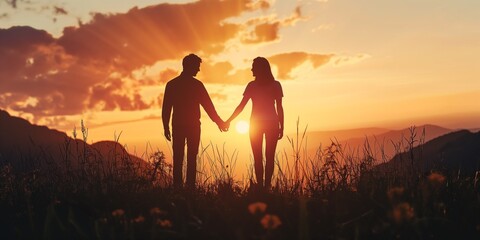 silhouette of couple holding hands standing in high mountain at the sunset 