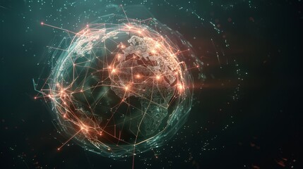 A digital globe glowing with interconnected lines and nodes that illuminate continents in an abstract representation of global networking and communication
