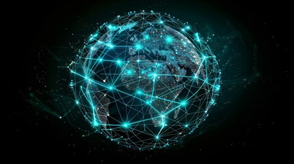 A digital globe glowing with interconnected lines and nodes that illuminate continents in an abstract representation of global networking and communication