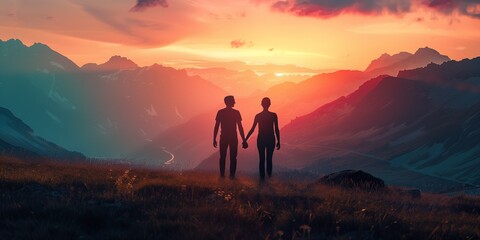 silhouette of couple holding hands standing in high mountain at the sunset  - obrazy, fototapety, plakaty